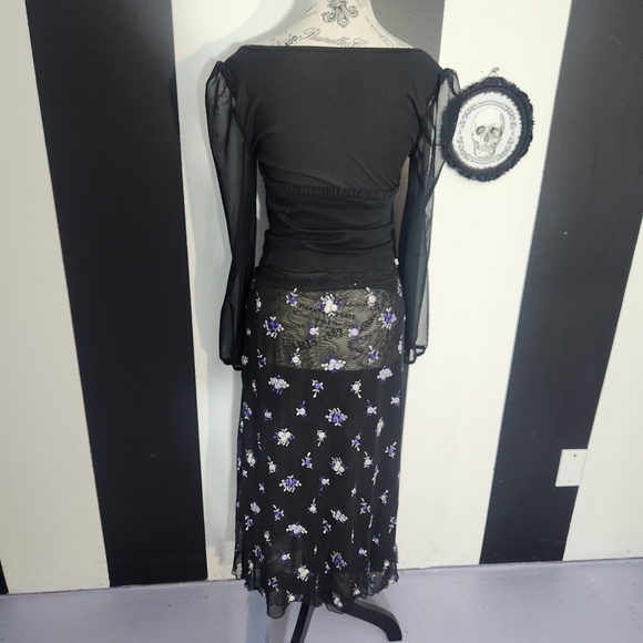 Free People Black Mesh Midi Skirt with Purple Floral Embroidery - Picture 7 of 10